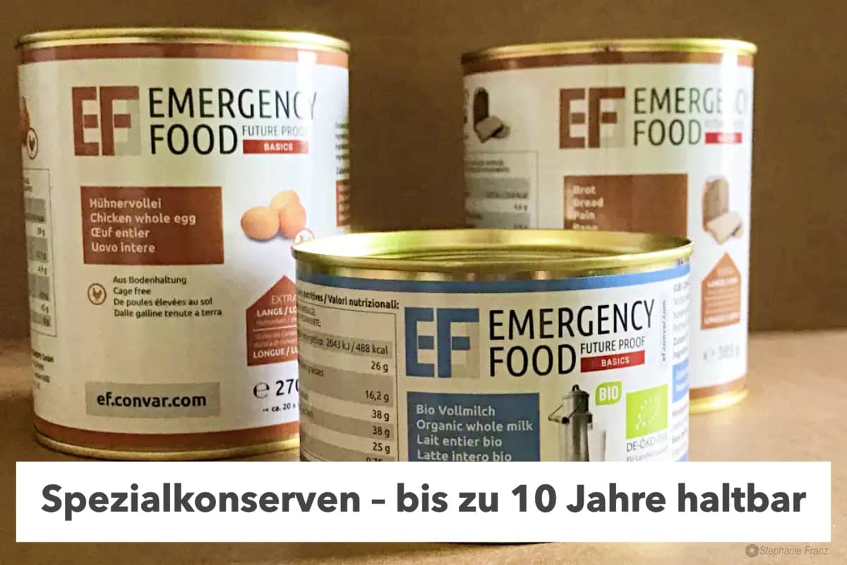 Langzeit-Konserven mit Volleipulver, Vollmilchpulver und Dosenbrot